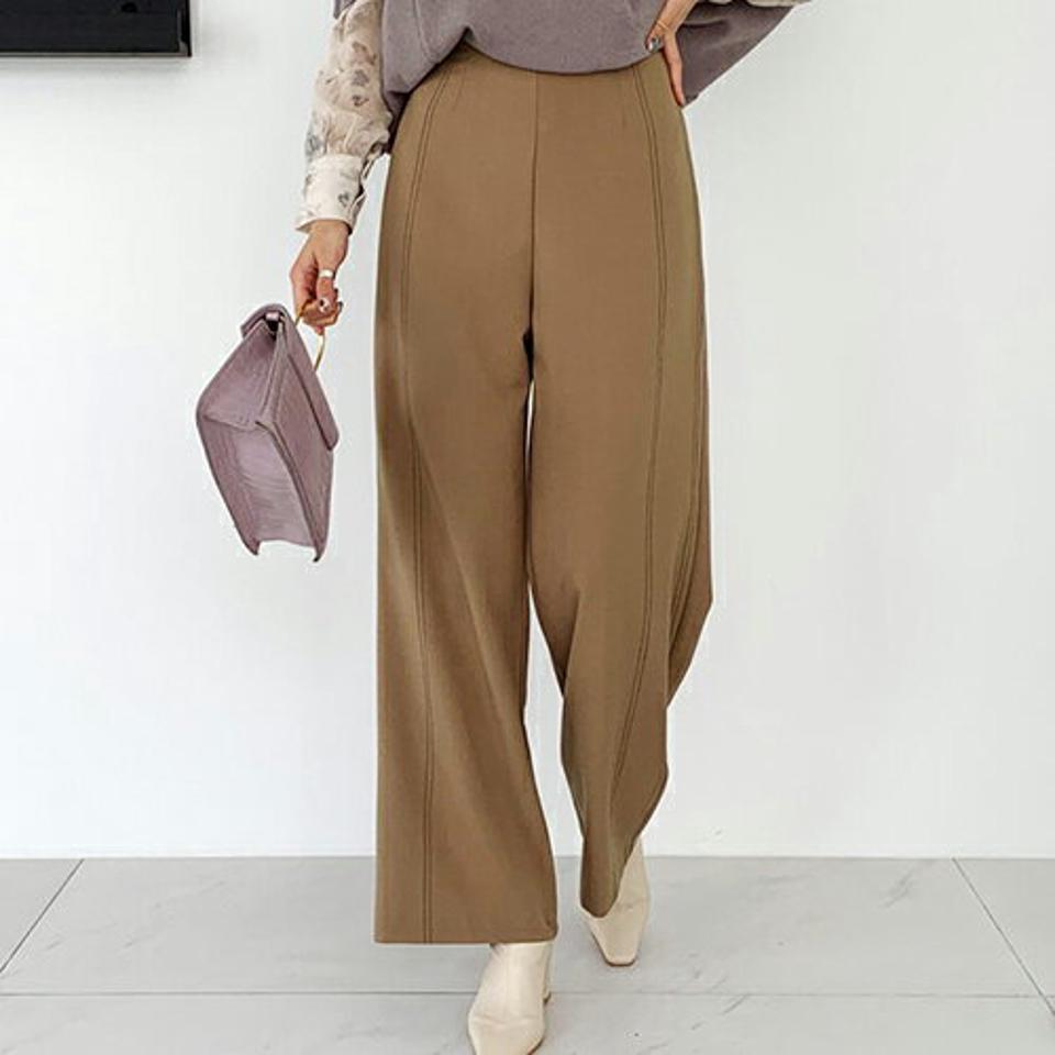 ステッチワイドスラックス・全2色・t66512 レディース 【pt】【スラックス パンツ ズボン ロングパンツ ワイドパンツ ワイドスラックス ステッチ 単色 シンプル カジュアル 秋 冬 韓国 ファッション】【ハイホリHIHOLLI】