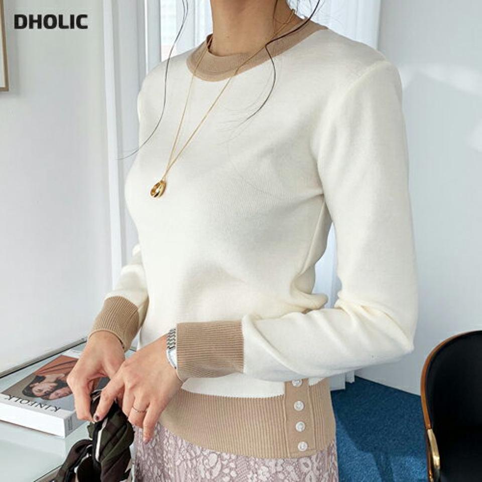 配色ボタンヘムニット・全3色・b66498 レディース 【tops】【トップス ニット ニットトップス 長袖 配色 大人 モダン 秋 冬 韓国 ファッション】【ハイホリHIHOLLI】