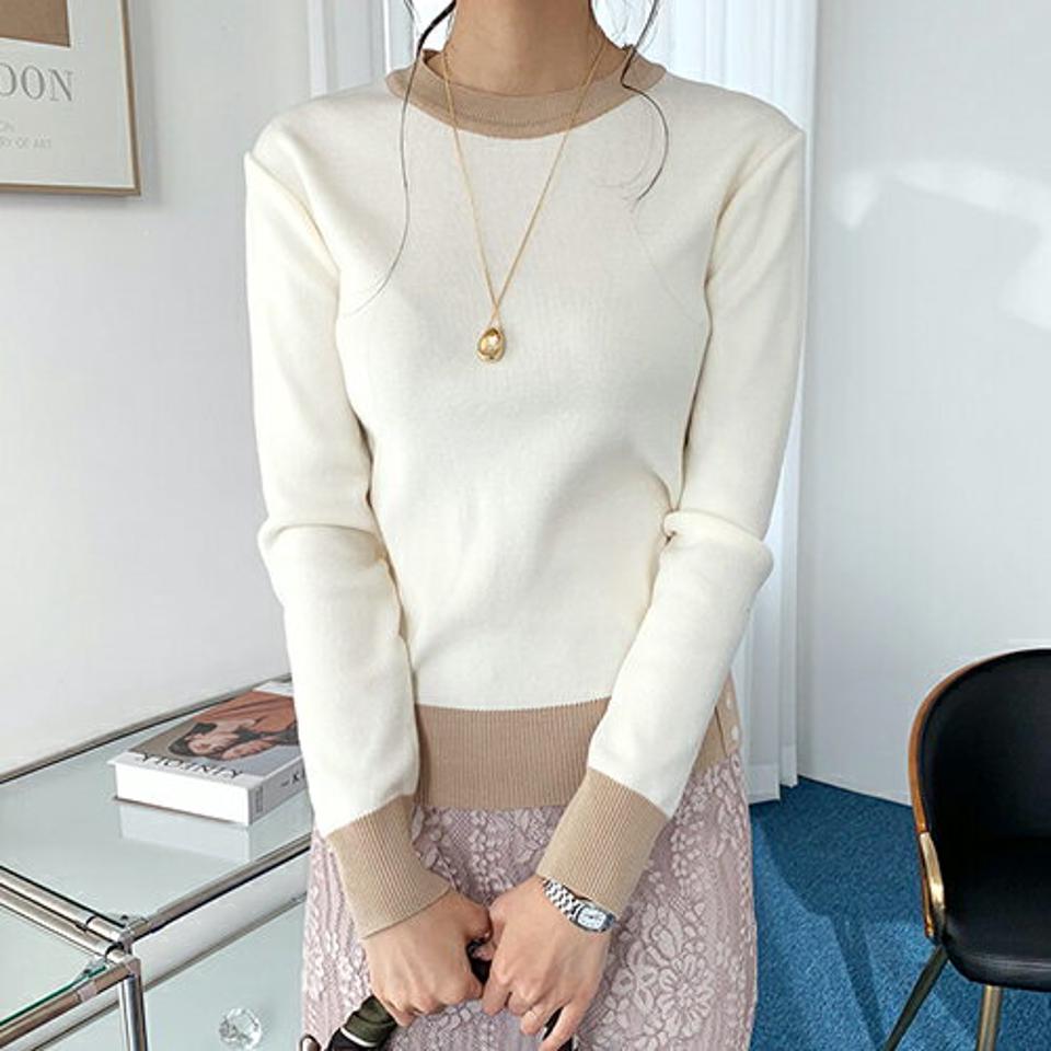 配色ボタンヘムニット・全3色・b66498 レディース 【tops】【トップス ニット ニットトップス 長袖 配色 大人 モダン 秋 冬 韓国 ファッション】【ハイホリHIHOLLI】