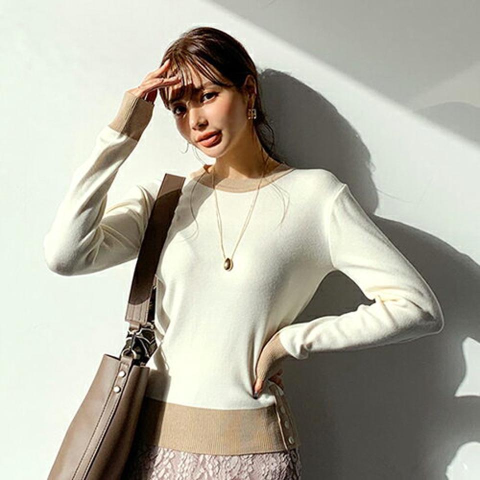 配色ボタンヘムニット・全3色・b66498 レディース 【tops】【トップス ニット ニットトップス 長袖 配色 大人 モダン 秋 冬 韓国 ファッション】【ハイホリHIHOLLI】