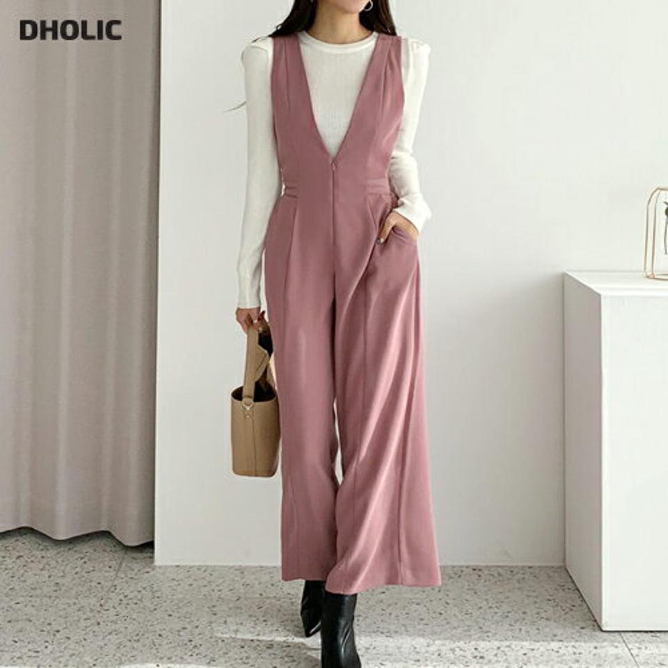 Vネックワイドオールインワン・全3色・b66509 レディース 【pt】【オールインワン ワイド パンツ ズボン ワイドパンツ Vネック レイヤード 単色 無地 シンプル カジュアル ラフ 秋 冬 韓国 ファッション】【ハイホリHIHOLLI】