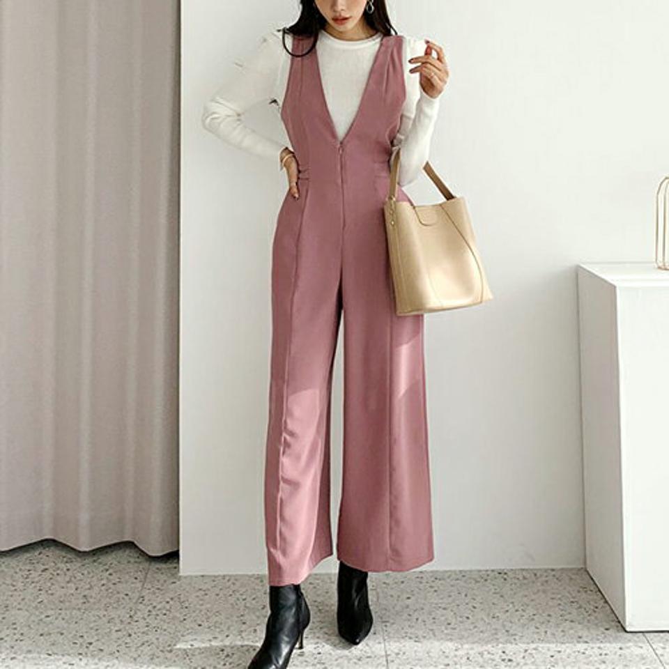 Vネックワイドオールインワン・全3色・b66509 レディース 【pt】【オールインワン ワイド パンツ ズボン ワイドパンツ Vネック レイヤード 単色 無地 シンプル カジュアル ラフ 秋 冬 韓国 ファッション】【ハイホリHIHOLLI】