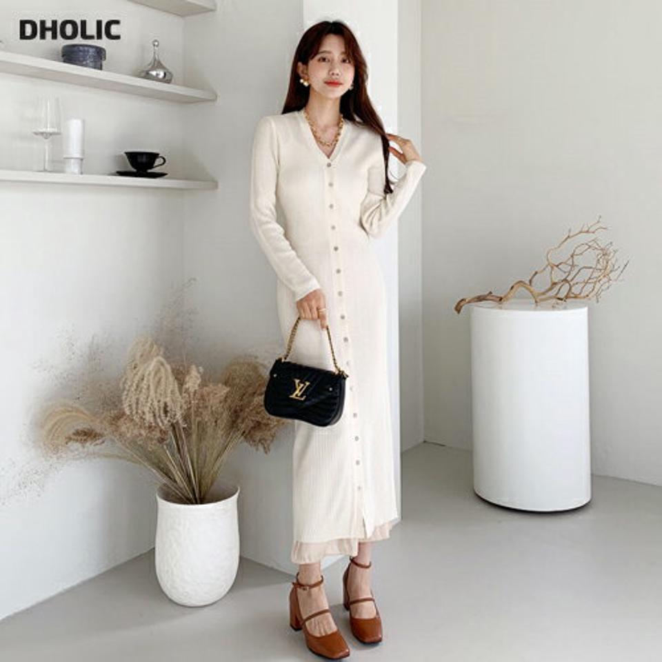 【只今10%OFF】リブボタンワンピース・全5色・b64841 レディース 【ops】【韓国 ファッション ワンピース ロング ロングワンピース 長袖 Vネック ボタン デコルテ スリム フィット 体型カバー フェミニン 上品 ベーシック シンプル カジュアル 秋 冬】