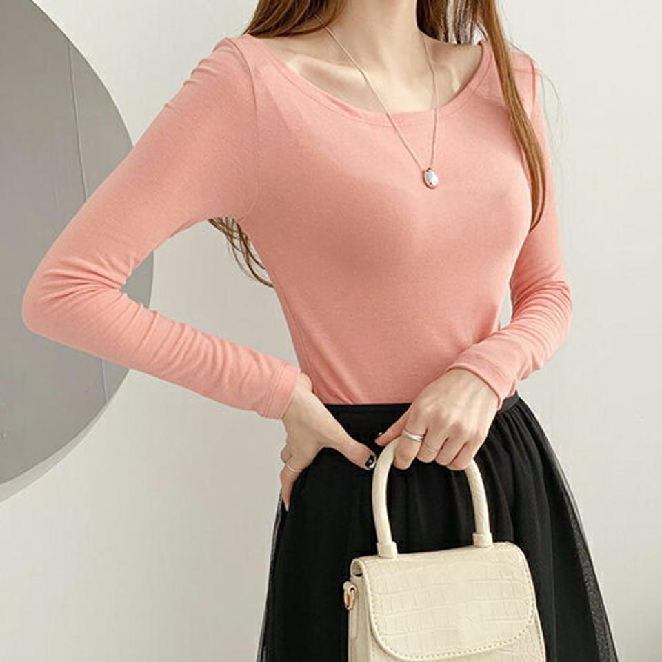 ラウンドネックスリムTシャツ・全4色・t66491 レディース 【tops】【トップス Tシャツ スリム ラウンドネック 単色 無地 長袖 シンプル ベーシック カジュアル 大人 秋 冬 韓国 ファッション】【ハイホリHIHOLLI】