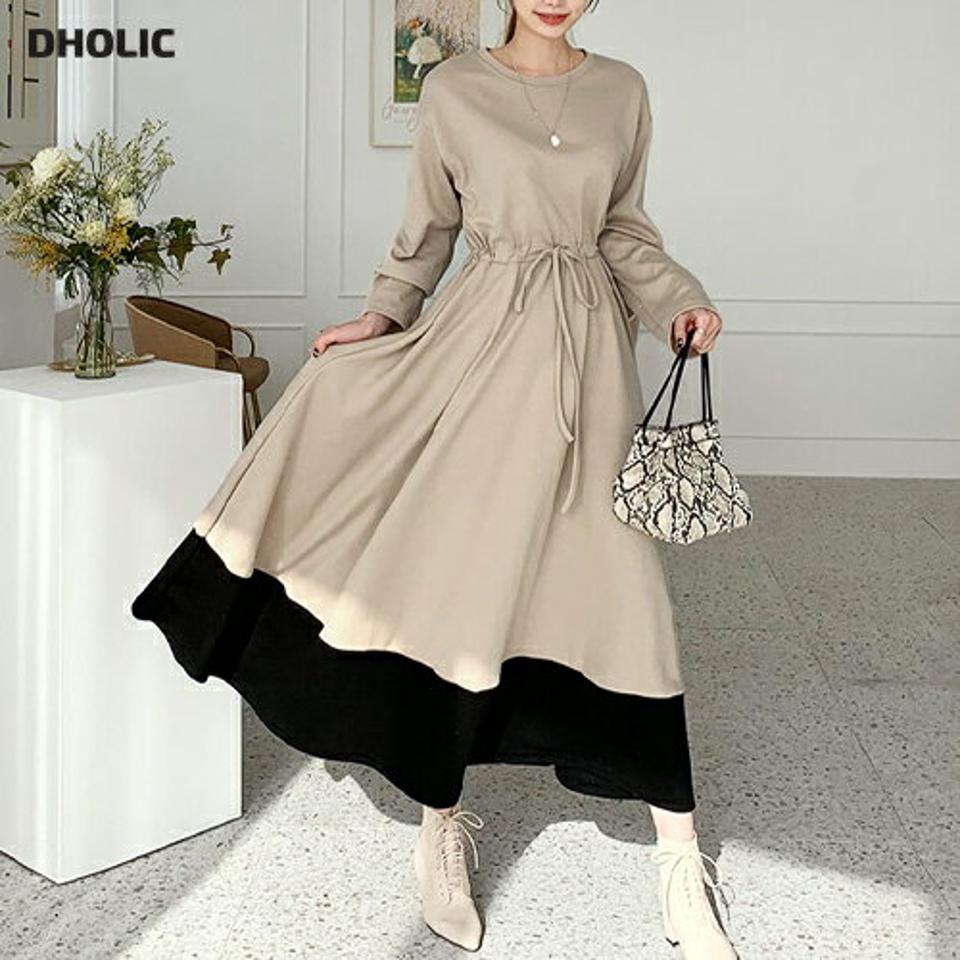 配色へムドロストワンピース・全3色・b66506 レディース 【ops】【ワンピース ロング ロングワンピース ドロスト 配色 長袖 モダン シック 大人 秋 冬 韓国 ファッション】【ハイホリHIHOLLI】