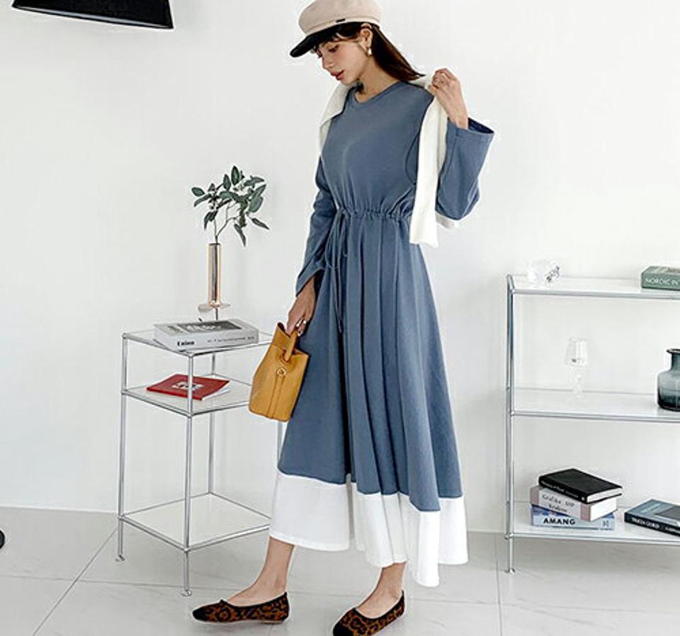 配色へムドロストワンピース・全3色・b66506 レディース 【ops】【ワンピース ロング ロングワンピース ドロスト 配色 長袖 モダン シック 大人 秋 冬 韓国 ファッション】【ハイホリHIHOLLI】