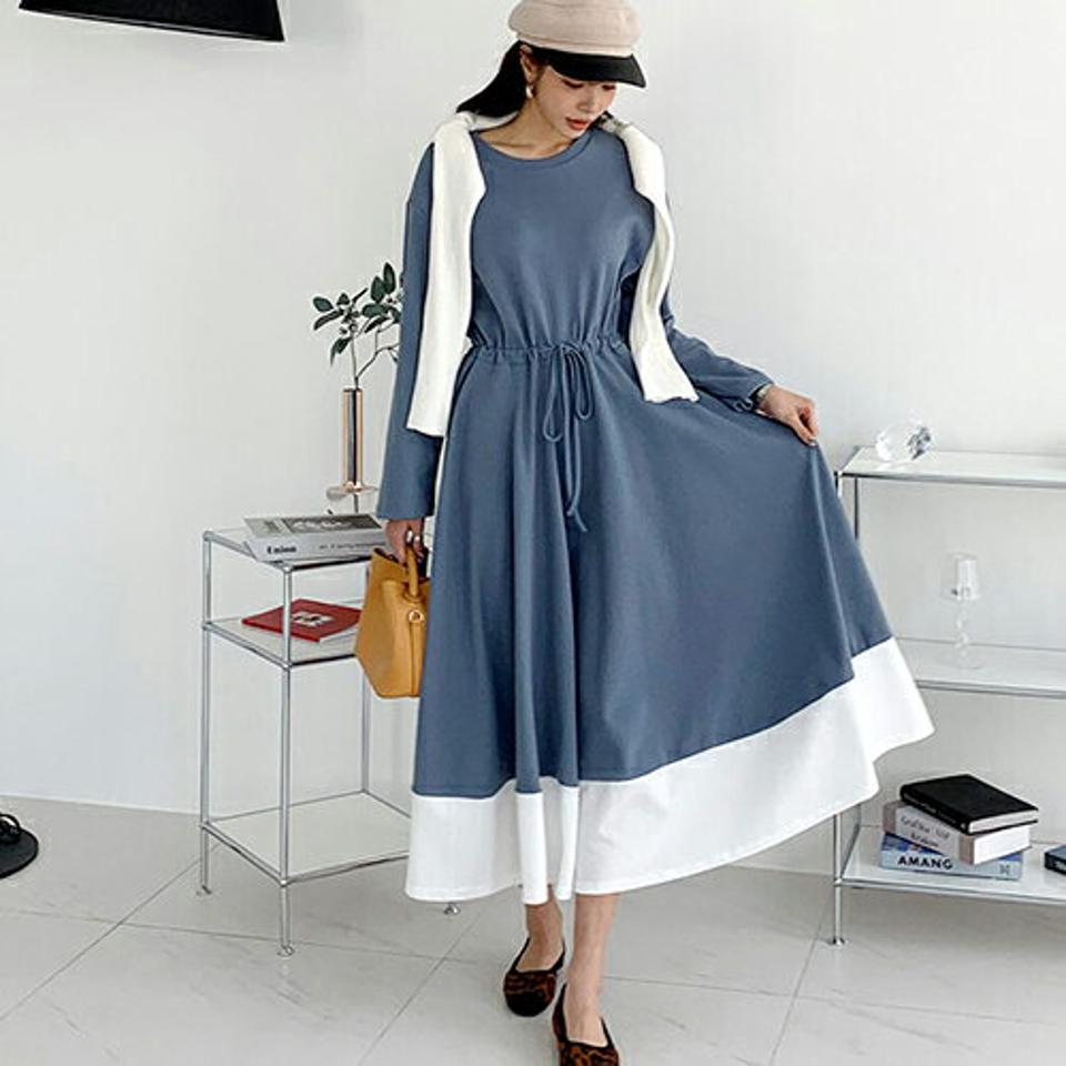 配色へムドロストワンピース・全3色・b66506 レディース 【ops】【ワンピース ロング ロングワンピース ドロスト 配色 長袖 モダン シック 大人 秋 冬 韓国 ファッション】【ハイホリHIHOLLI】