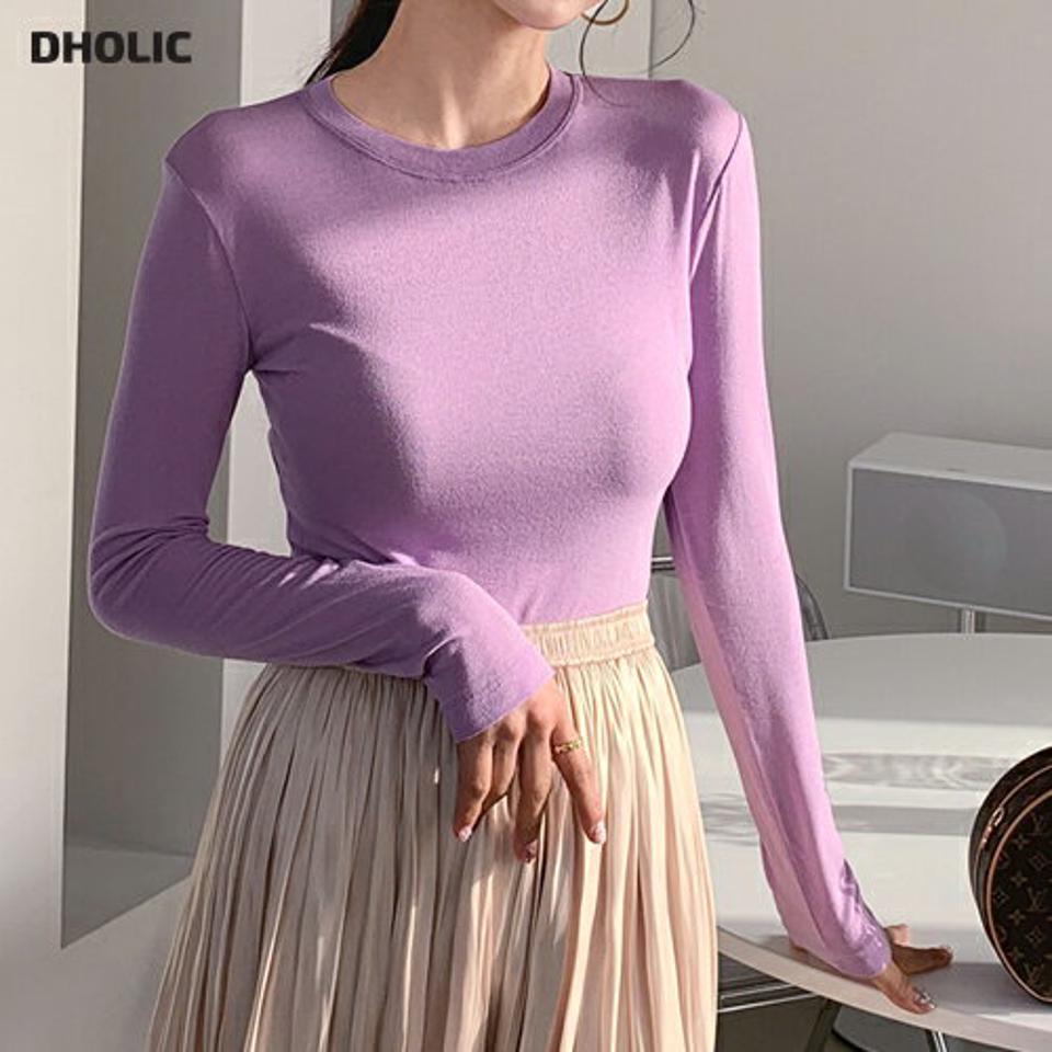 スリムラウンドネックTシャツ・全4色・t64829 レディース 【tops】【韓国 ファッション トップス Tシャツ カットソー 長袖 無地 ラウンドネック スリム フィット 体型カーバー フェミニン シンプル デイリー ベーシック カジュアル カジュアル 秋 冬】
