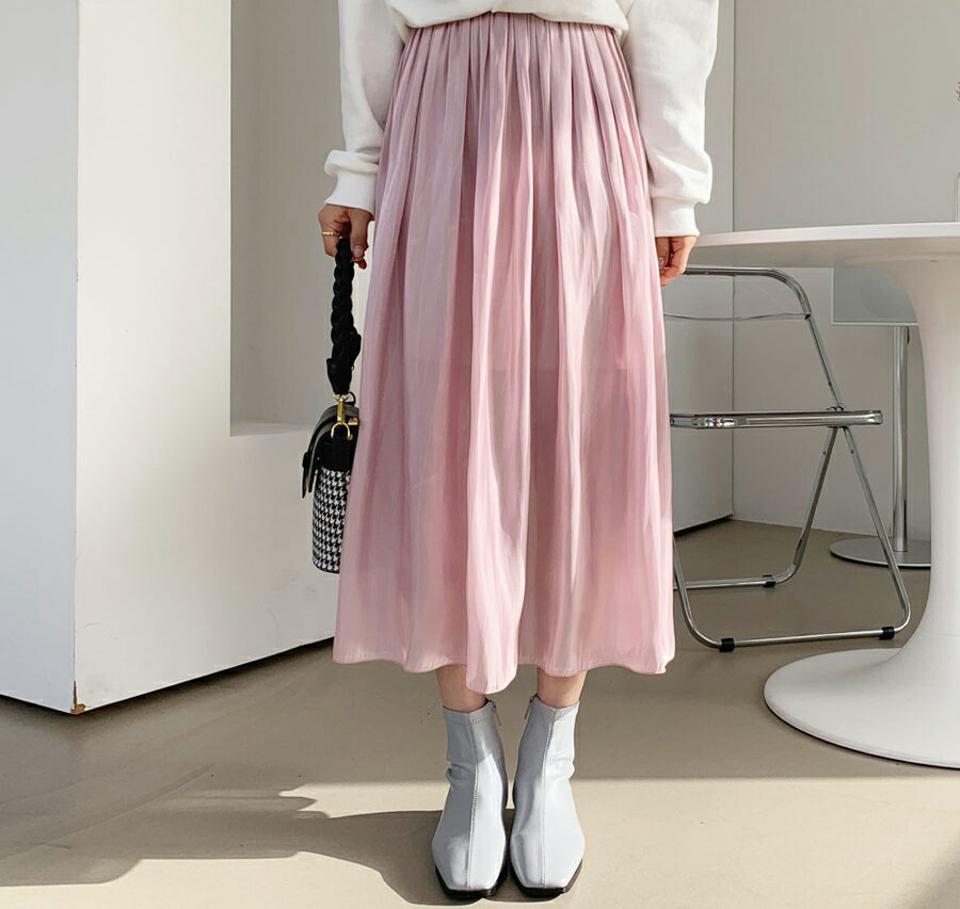 ギャザーサテンスカート・全3色・t64847 レディース 【sk】【韓国 ファッション ボトムス スカート ロング Aライン ギャザー ウエストゴム 上品 フェミニン シンプル スリム 体型カーバー 細身 ベーシック デイリー カジュアル 秋 冬】