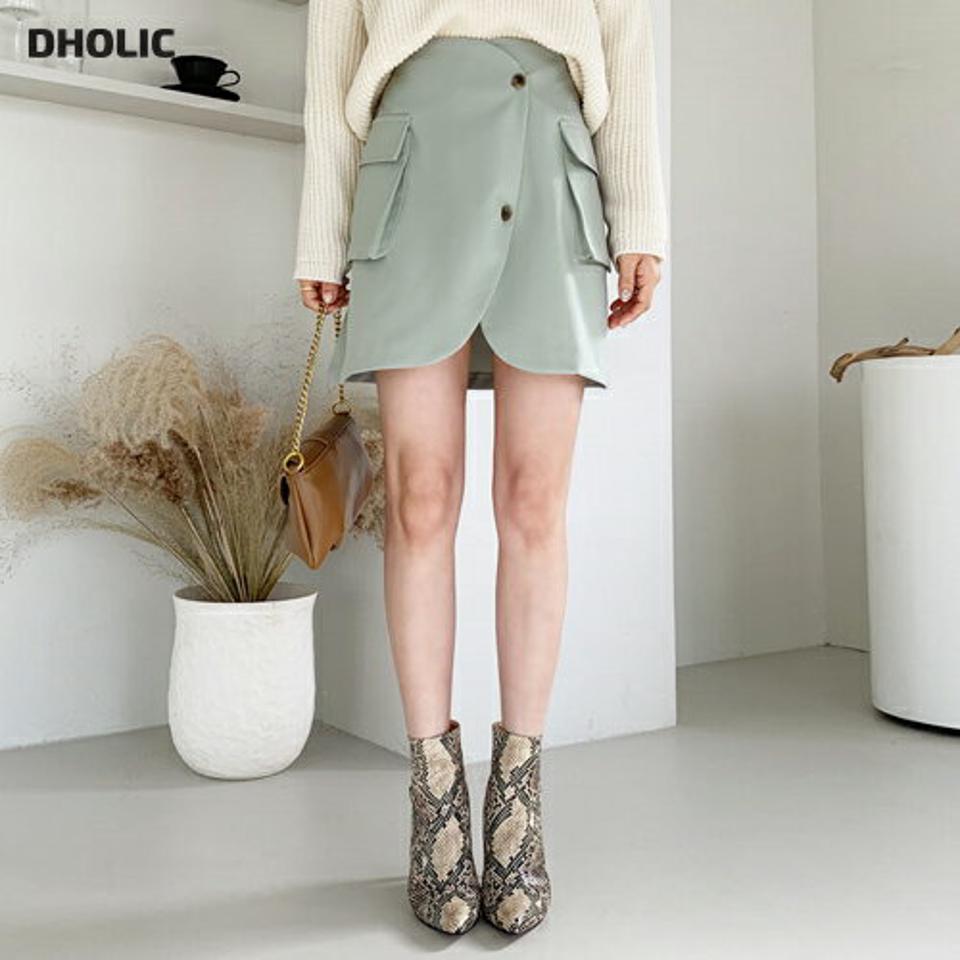 ポケットボタンスカート・全2色・t64854 レディース 【sk】【韓国 ファッション ボトムス スカート ショート レイヤード ミニ バックゴム ラウンドカット フラップポケット 上品 フェミニン シンプル スリム 体型カーバー ベーシック カジュアル 秋 冬】