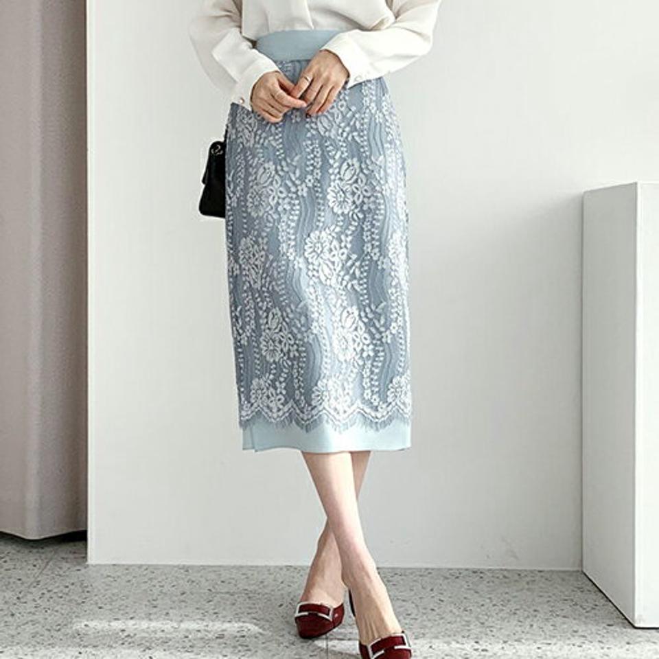 レースペンシルスカート・全2色・b66516 レディース 【sk】【スカート ミディ丈 ミディスカート ペンシル ペンシルスカート レース 総レース フェミニン きれいめ 大人 デート Hライン 上品 秋 冬 韓国 ファッション】【ハイホリHIHOLLI】