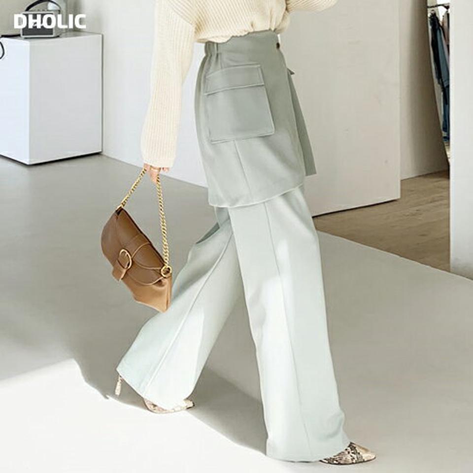 ポケットボタンスカート&タックワイドスラックスSET・全2色・t64858 レディース 【pt】【韓国 ファッション ボトムス セット スラックス スカート ウエストゴム サイドポケット ミニスカート シフォン レイヤード ユニーク 上品 フェミニン 秋 冬】