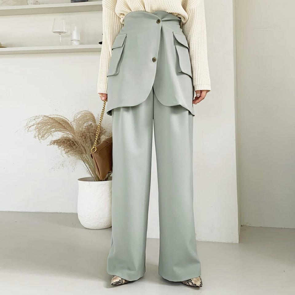 ポケットボタンスカート&タックワイドスラックスSET・全2色・t64858 レディース 【pt】【韓国 ファッション ボトムス セット スラックス スカート ウエストゴム サイドポケット ミニスカート シフォン レイヤード ユニーク 上品 フェミニン 秋 冬】