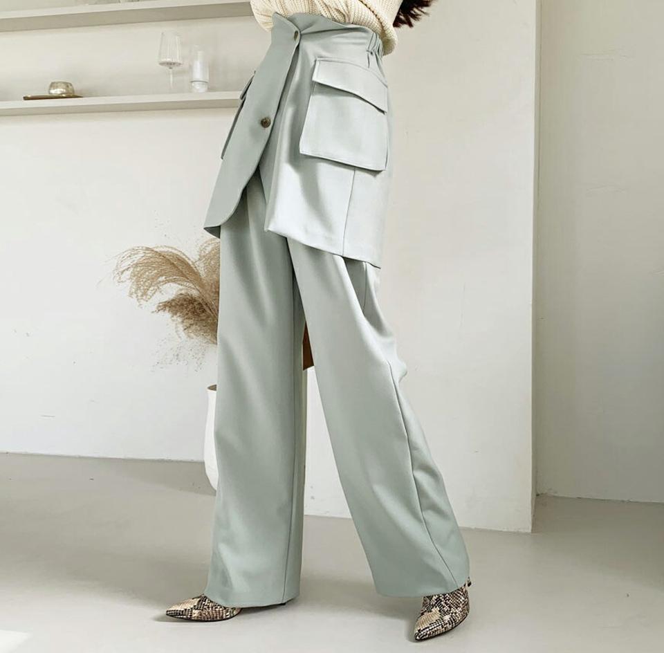 ポケットボタンスカート&タックワイドスラックスSET・全2色・t64858 レディース 【pt】【韓国 ファッション ボトムス セット スラックス スカート ウエストゴム サイドポケット ミニスカート シフォン レイヤード ユニーク 上品 フェミニン 秋 冬】