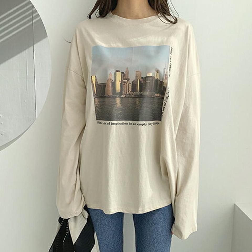 スクエアプリントTシャツ・全3色・t66492 レディース 【tops】【トップス Tシャツ 長袖 プリントTシャツ プリント カジュアル ラフ ゆったり ルーズ 秋 冬 韓国 ファッション】【ハイホリHIHOLLI】【BT】