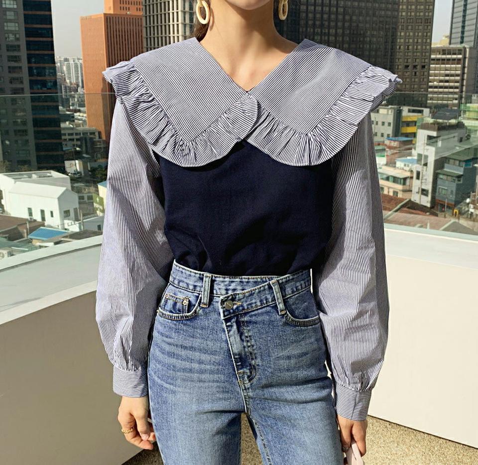 ストライプ配色カラーTシャツ・全2色・b64832 レディース 【tops】【韓国 ファッション トップス Tシャツ カットソー 長袖 ストライプ コントラスト レイヤード風 フリル フェミニン シンプル デイリー ベーシック カジュアル カジュアル 秋 冬】