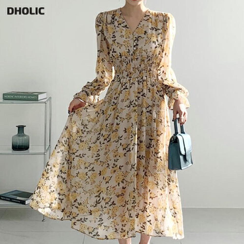 花柄シフォンワンピース・全2色・b66504 レディース 【ops】【ワンピース ロング ロングワンピース 長袖 シフォン Vネック 花柄 フラワー 可愛い かわいい 秋 冬 韓国 ファッション】【ハイホリHIHOLLI】