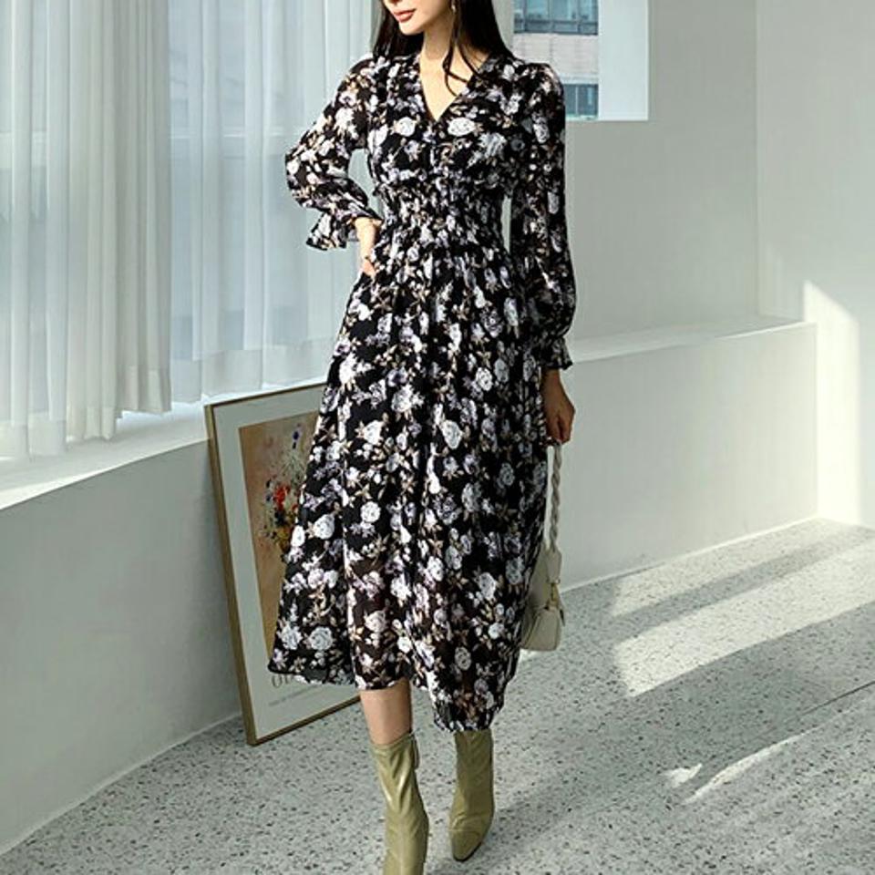 花柄シフォンワンピース・全2色・b66504 レディース 【ops】【ワンピース ロング ロングワンピース 長袖 シフォン Vネック 花柄 フラワー 可愛い かわいい 秋 冬 韓国 ファッション】【ハイホリHIHOLLI】