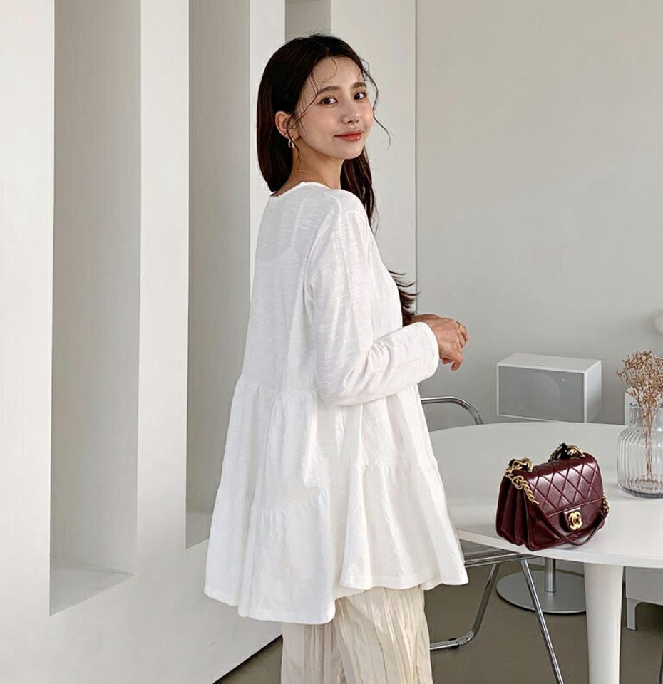 ティアードTシャツ・全4色・t64831 レディース 【tops】【韓国 ファッション トップス Tシャツ カットソー 長袖 ティアード ラウンドネック スリム 体型カーバー フェミニン シンプル デイリー ベーシック カジュアル カジュアル 秋 冬】