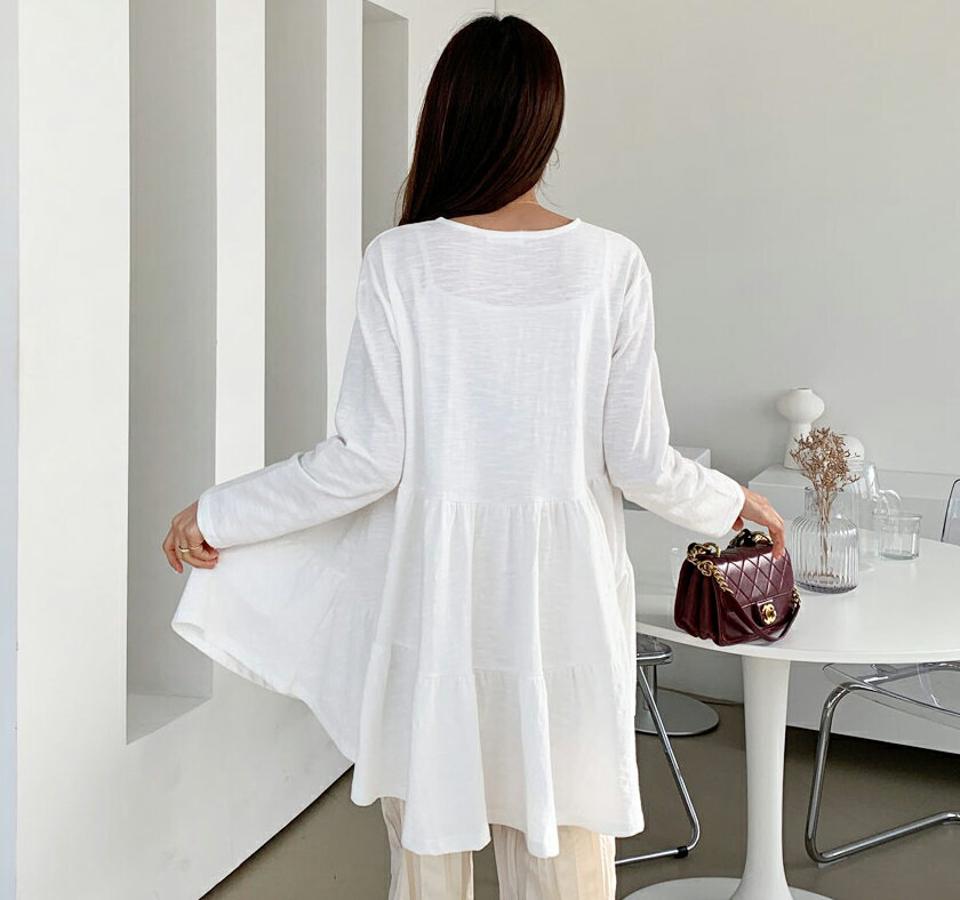 ティアードTシャツ・全4色・t64831 レディース 【tops】【韓国 ファッション トップス Tシャツ カットソー 長袖 ティアード ラウンドネック スリム 体型カーバー フェミニン シンプル デイリー ベーシック カジュアル カジュアル 秋 冬】