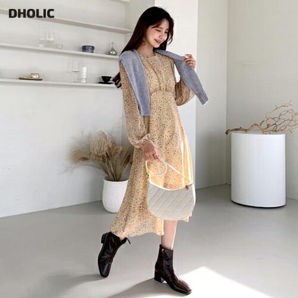 シフォン花柄ワンピース・全3色・t64842 レディース 【ops】【韓国 ファッション ワンピース ロング ロングワンピース 長袖 ラウンドネック フレア 小花柄 フラワー ギャザー 体型カバー フレア フェミニン 上品 ベーシック シンプル カジュアル 秋 冬】