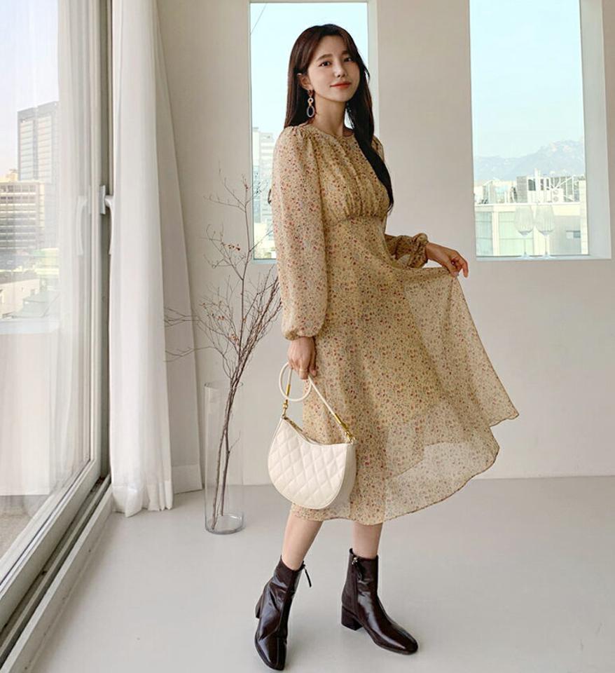 シフォン花柄ワンピース・全3色・t64842 レディース 【ops】【韓国 ファッション ワンピース ロング ロングワンピース 長袖 ラウンドネック フレア 小花柄 フラワー ギャザー 体型カバー フレア フェミニン 上品 ベーシック シンプル カジュアル 秋 冬】