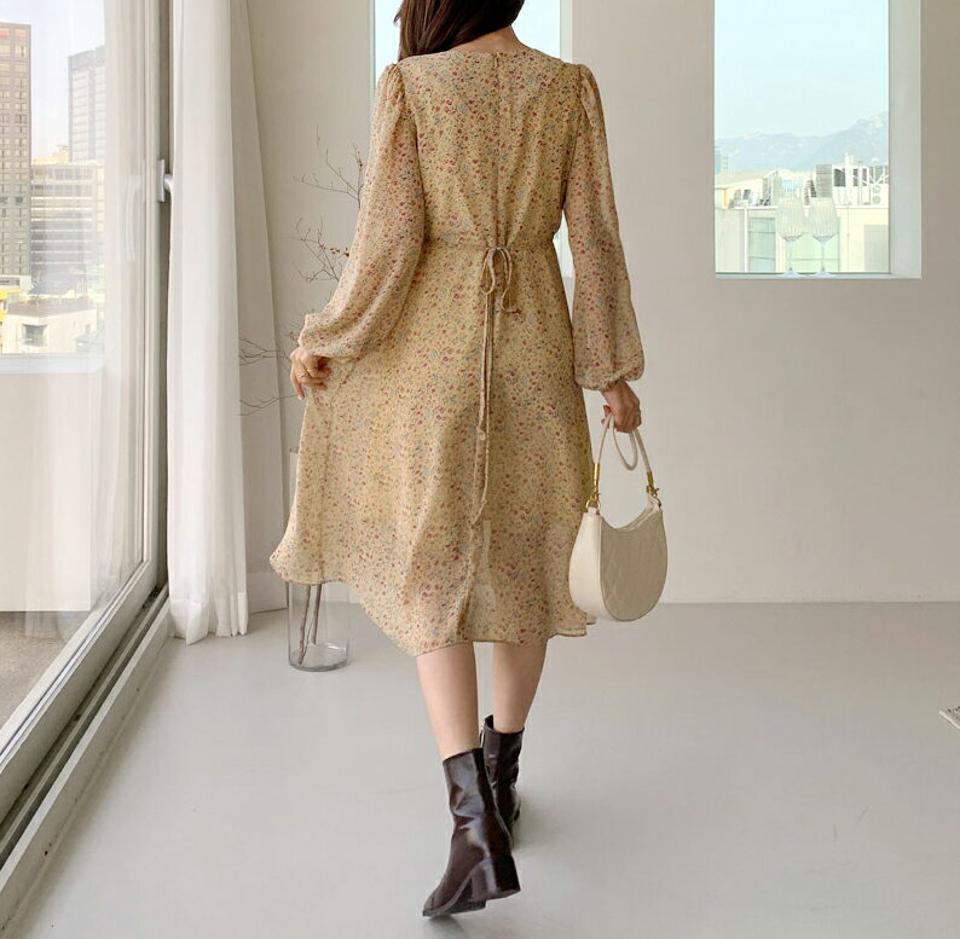 シフォン花柄ワンピース・全3色・t64842 レディース 【ops】【韓国 ファッション ワンピース ロング ロングワンピース 長袖 ラウンドネック フレア 小花柄 フラワー ギャザー 体型カバー フレア フェミニン 上品 ベーシック シンプル カジュアル 秋 冬】