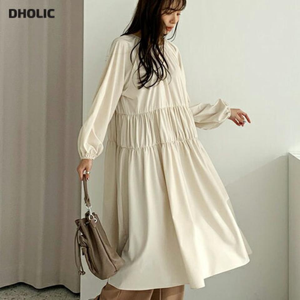 ラウンドギャザーワンピース・全3色・b66505 レディース 【ops】【ワンピース ロング ロングワンピース ギャザー 長袖 単色 無地 シンプル フェミニン ナチュラル シンプル ゆったり 体型カバー 秋 冬 韓国 ファッション】【ハイホリHIHOLLI】