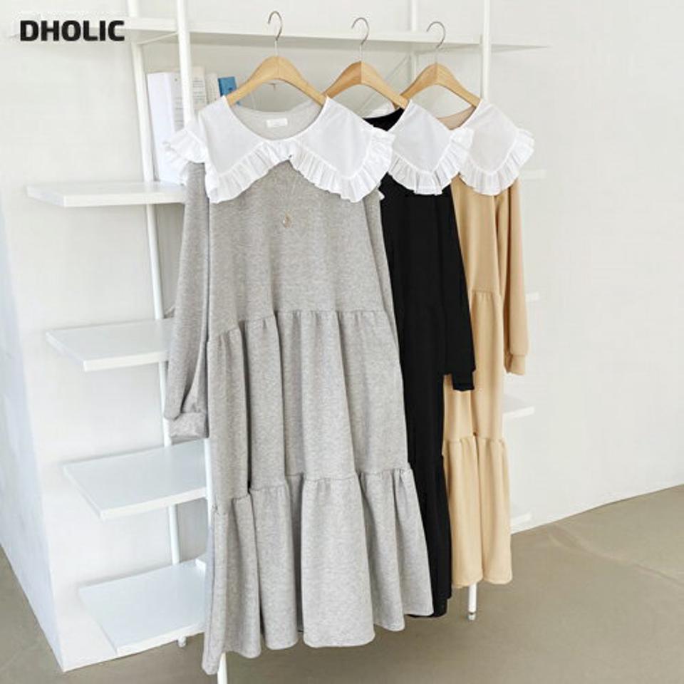 カラーティアードワンピース・全3色・b64843 レディース 【ops】【韓国 ファッション ワンピース ロング ロングワンピース 長袖 カラー ティアード フリル スウェット ベーシック シンプル カジュアル カジュアル 秋 冬】