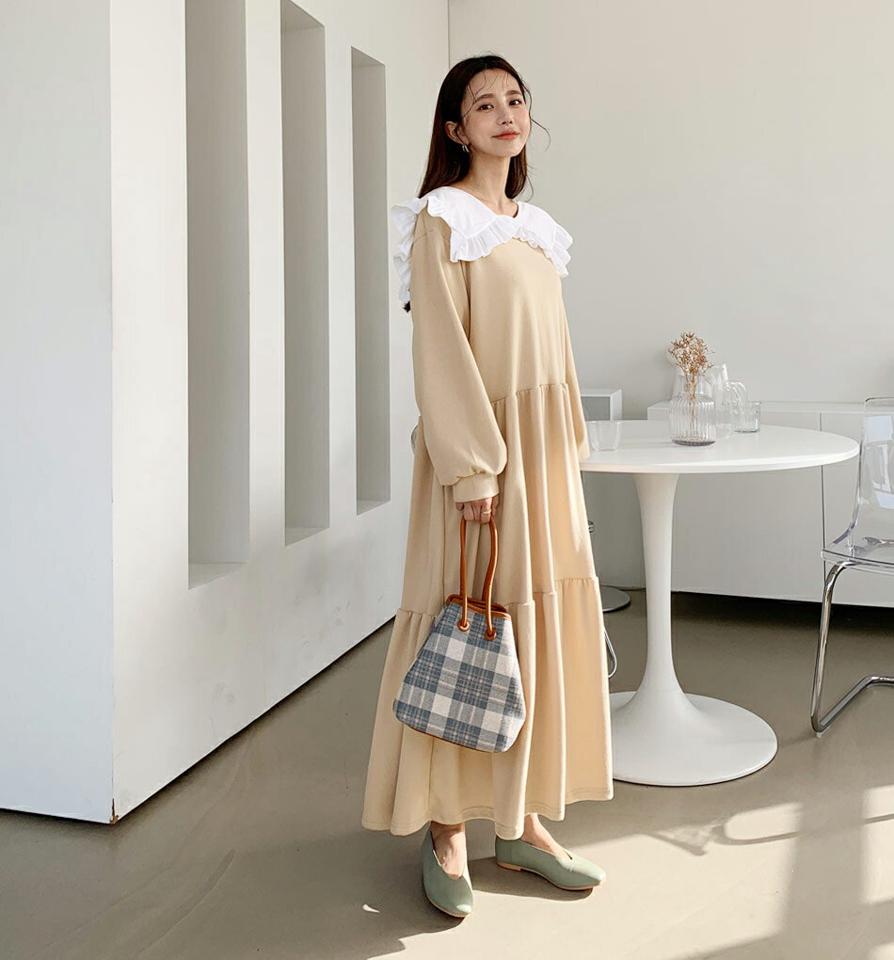 カラーティアードワンピース・全3色・b64843 レディース 【ops】【韓国 ファッション ワンピース ロング ロングワンピース 長袖 カラー ティアード フリル スウェット ベーシック シンプル カジュアル カジュアル 秋 冬】