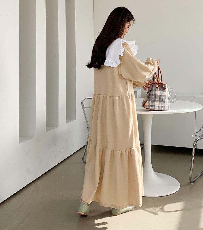 カラーティアードワンピース・全3色・b64843 レディース 【ops】【韓国 ファッション ワンピース ロング ロングワンピース 長袖 カラー ティアード フリル スウェット ベーシック シンプル カジュアル カジュアル 秋 冬】