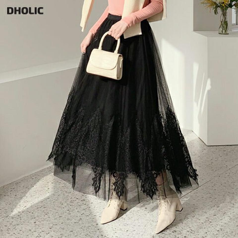 レースヘムチュールスカート・全2色・b66517 レディース 【sk】【スカート ロング ロングスカート チュールスカート チュール 透け感 シアー シースルー ウエストゴム ギャザー Aライン 秋 冬 韓国 ファッション】【ハイホリHIHOLLI】
