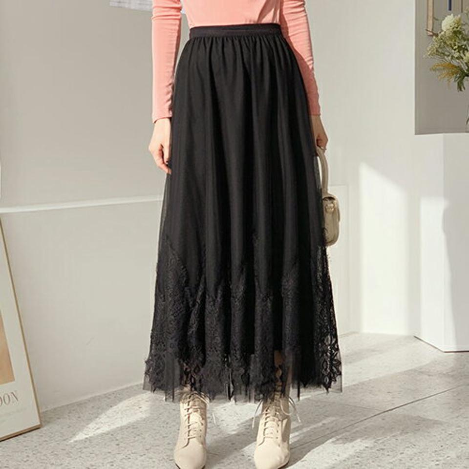 レースヘムチュールスカート・全2色・b66517 レディース 【sk】【スカート ロング ロングスカート チュールスカート チュール 透け感 シアー シースルー ウエストゴム ギャザー Aライン 秋 冬 韓国 ファッション】【ハイホリHIHOLLI】