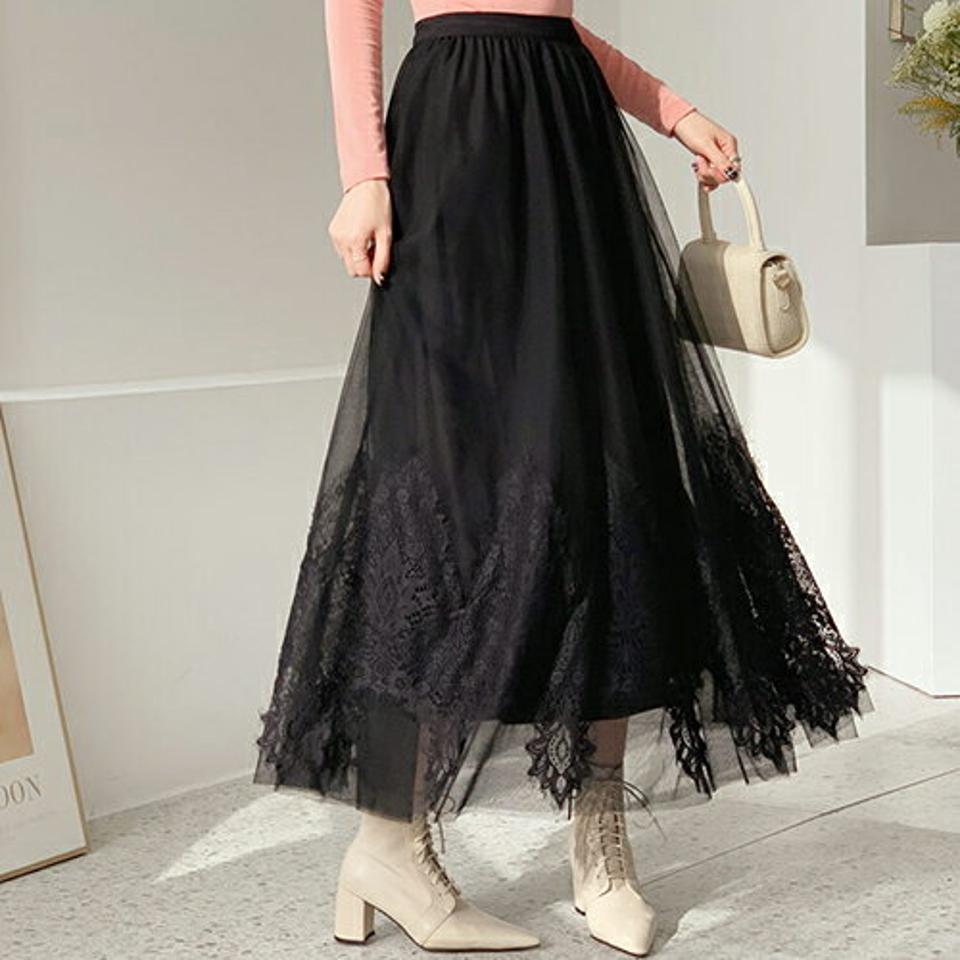 レースヘムチュールスカート・全2色・b66517 レディース 【sk】【スカート ロング ロングスカート チュールスカート チュール 透け感 シアー シースルー ウエストゴム ギャザー Aライン 秋 冬 韓国 ファッション】【ハイホリHIHOLLI】