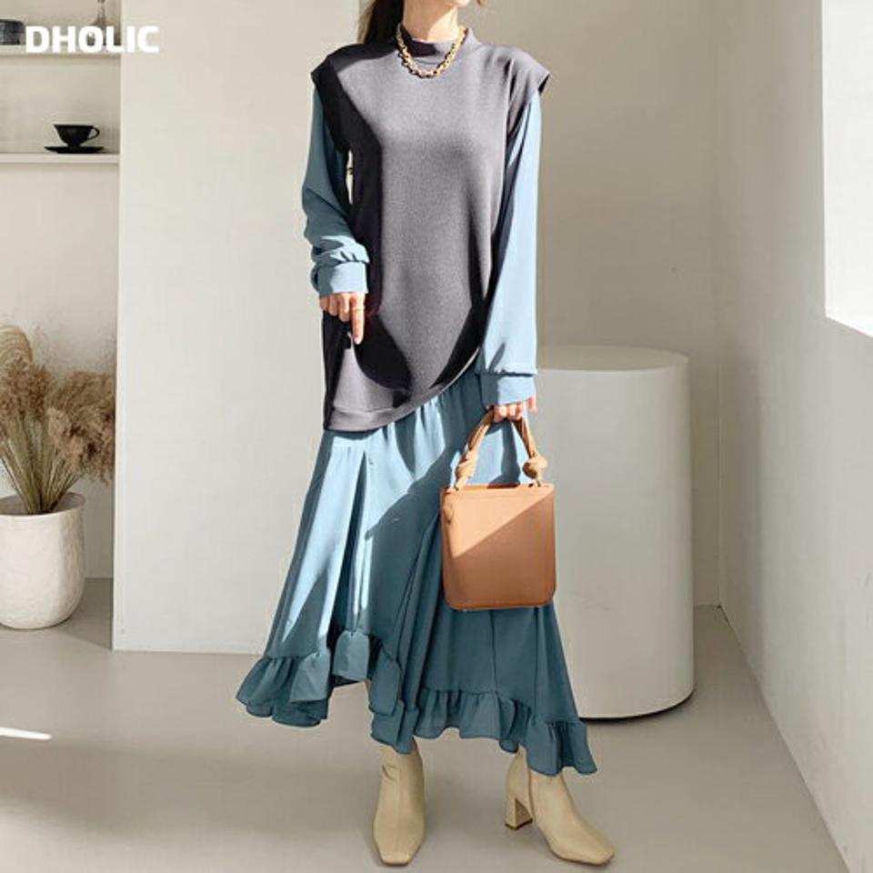 配色フリルヘムワンピース・全3色・b64840 レディース 【ops】【韓国 ファッション ワンピース ロング ロングワンピース 長袖 ハーフネック フリル スリム 体型カバー フェミニン 上品 ベーシック シンプル カジュアル 秋 冬】