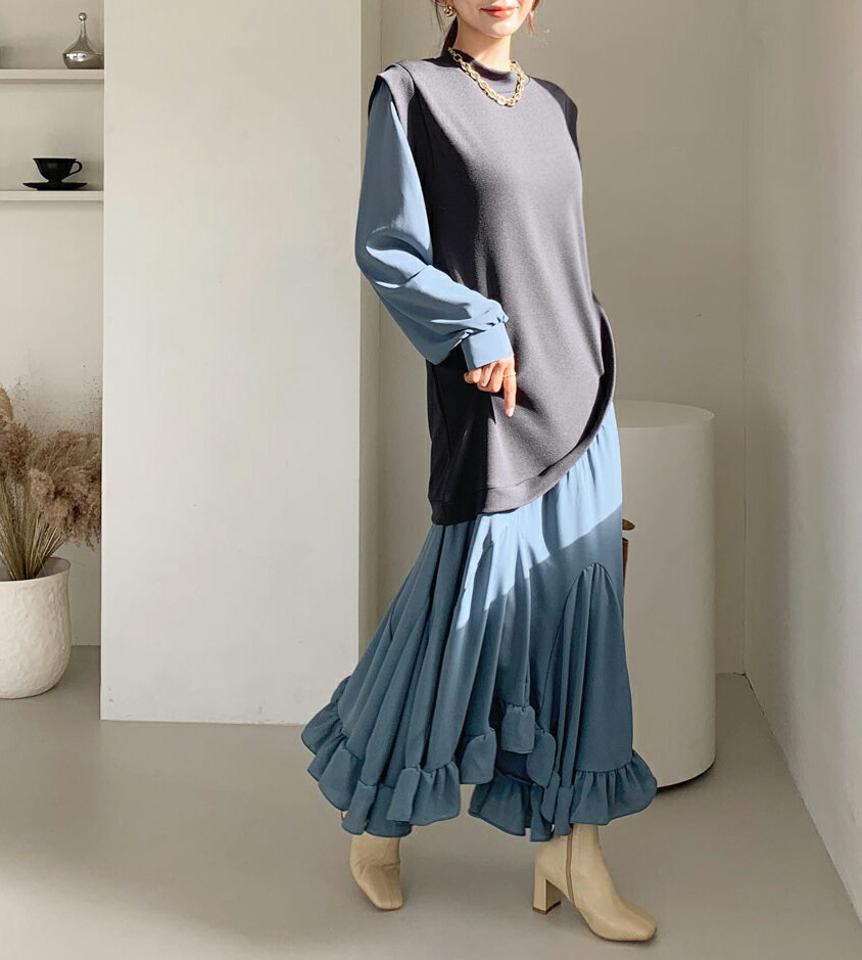 配色フリルヘムワンピース・全3色・b64840 レディース 【ops】【韓国 ファッション ワンピース ロング ロングワンピース 長袖 ハーフネック フリル スリム 体型カバー フェミニン 上品 ベーシック シンプル カジュアル 秋 冬】