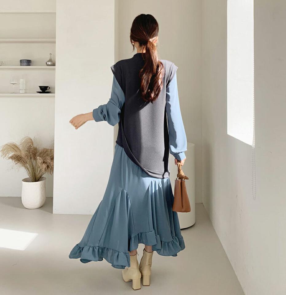 配色フリルヘムワンピース・全3色・b64840 レディース 【ops】【韓国 ファッション ワンピース ロング ロングワンピース 長袖 ハーフネック フリル スリム 体型カバー フェミニン 上品 ベーシック シンプル カジュアル 秋 冬】