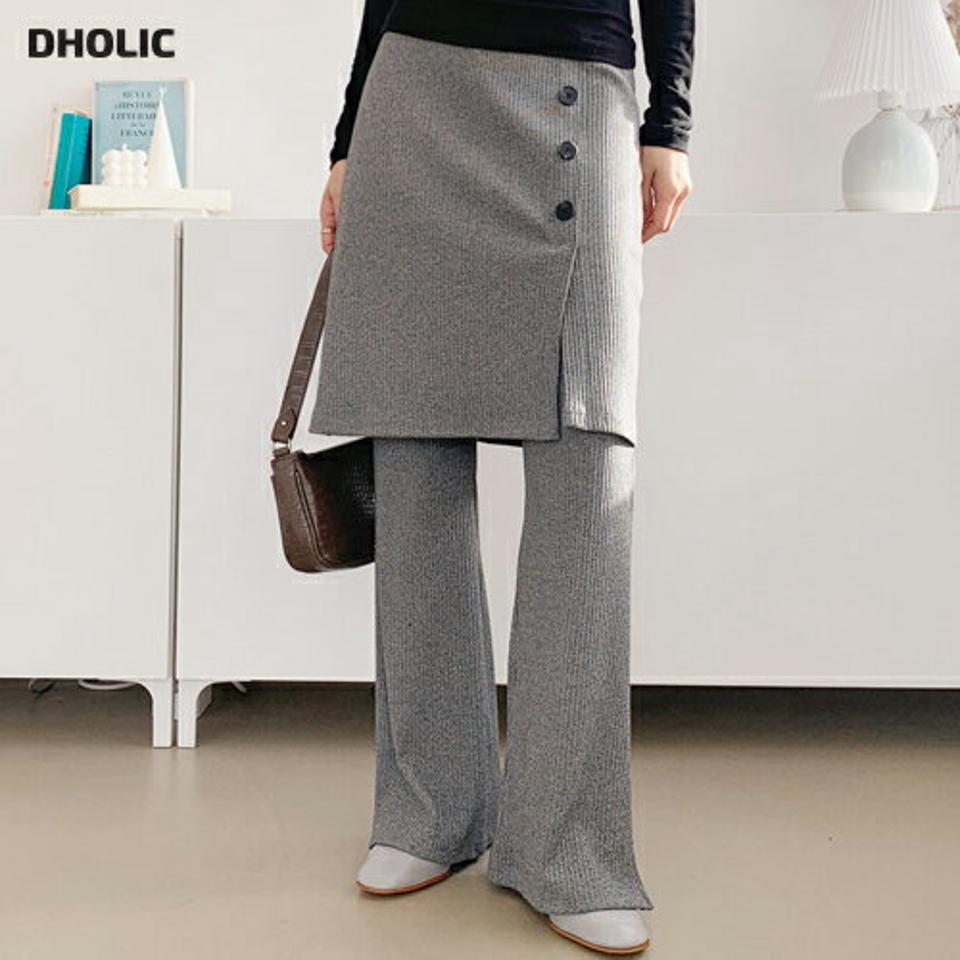 ボタンスカートパンツ・全3色・t64848 レディース 【pt】【韓国 ファッション ボトムス パンツ ロング ブーツカット スカート リブ ハイウエスト フェイクボタン レイヤード風 10分丈 十分丈 ストレート 無地 フェミニン 上品 カジュアル 秋 冬】