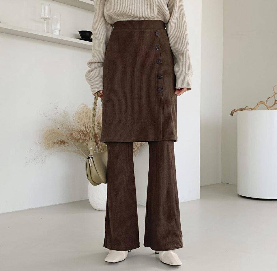 ボタンスカートパンツ・全3色・t64848 レディース 【pt】【韓国 ファッション ボトムス パンツ ロング ブーツカット スカート リブ ハイウエスト フェイクボタン レイヤード風 10分丈 十分丈 ストレート 無地 フェミニン 上品 カジュアル 秋 冬】