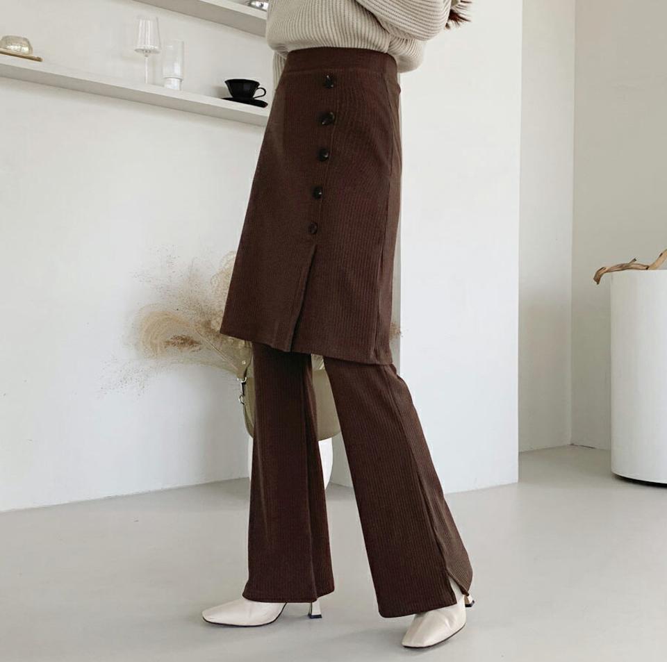 ボタンスカートパンツ・全3色・t64848 レディース 【pt】【韓国 ファッション ボトムス パンツ ロング ブーツカット スカート リブ ハイウエスト フェイクボタン レイヤード風 10分丈 十分丈 ストレート 無地 フェミニン 上品 カジュアル 秋 冬】