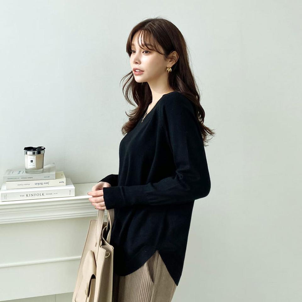 ラウンドヘムVネックニット・全4色・t66414 レディース 【tops】【トップス ニット ニットトップス 長袖 Vネック 単色 無地 シンプル ベーシック カジュアル Vネック 秋 冬 韓国 ファッション】【ハイホリHIHOLLI】
