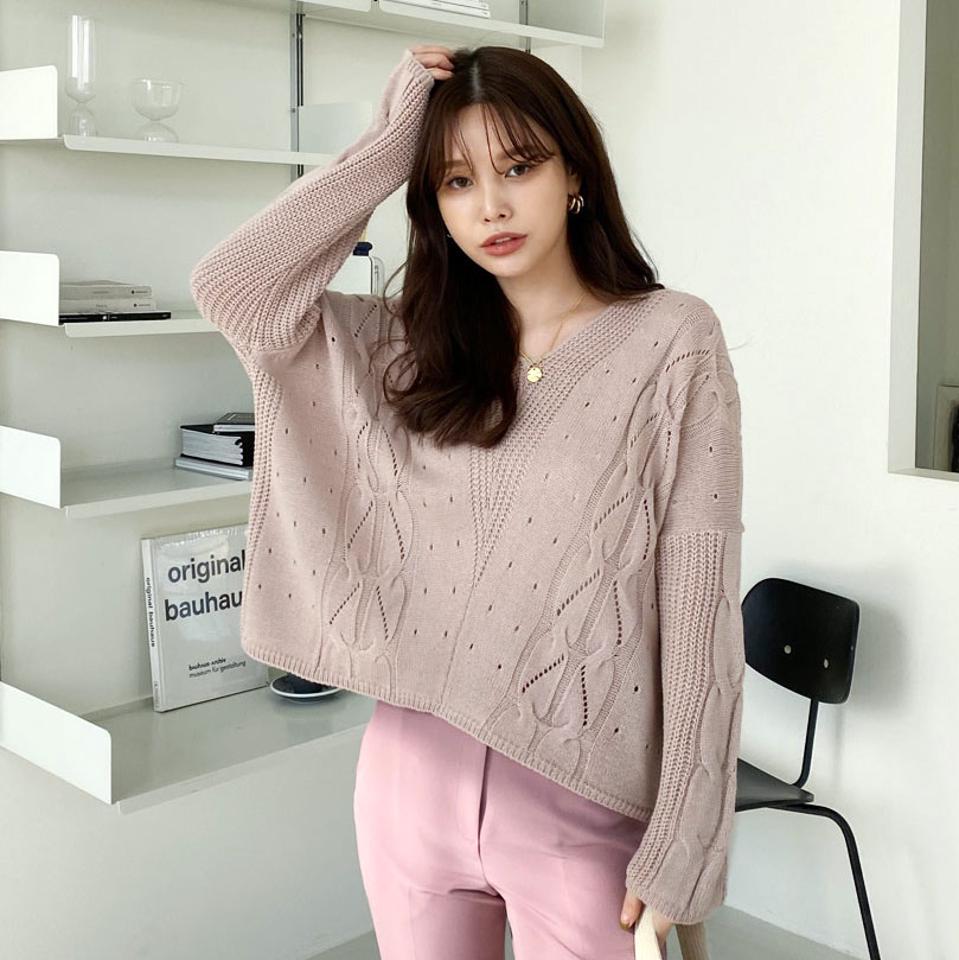 パンチングVネックニット・全4色・t66549 レディース 【tops】【トップス ニット ニットトップス 長袖 Vネック パンチング シンプル カジュアル ゆったり 秋 冬 韓国 ファッション】【ハイホリHIHOLLI】