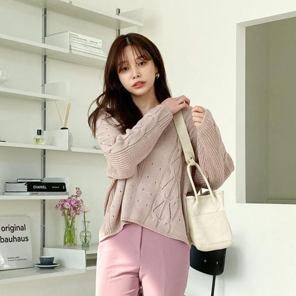 パンチングVネックニット・全4色・t66549 レディース 【tops】【トップス ニット ニットトップス 長袖 Vネック パンチング シンプル カジュアル ゆったり 秋 冬 韓国 ファッション】【ハイホリHIHOLLI】