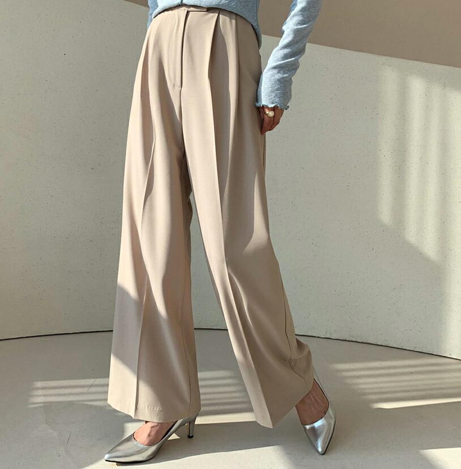 ツータックワイドスラックス・全3色・t61492 レディース 【pt】【韓国 ファッション ボトムス パンツ ロング スラックス ワイドスラックス ツータック トレンディ サイドポケット ハイウエスト 10分丈 十分丈 ストレート 無地 カジュアル 秋 冬】