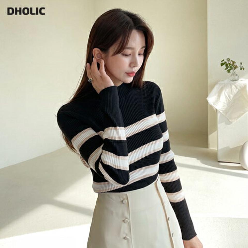 ボーダーハーフネックニット・全4色・b61478 レディース 【tops】【韓国 ファッション トップス ニット 長袖 ぼわん袖 ハーフネック ハイネック やわらかい フィット 細身 体型カーバー デイリー ベーシック カジュアル シンプル カジュアル 秋 冬】