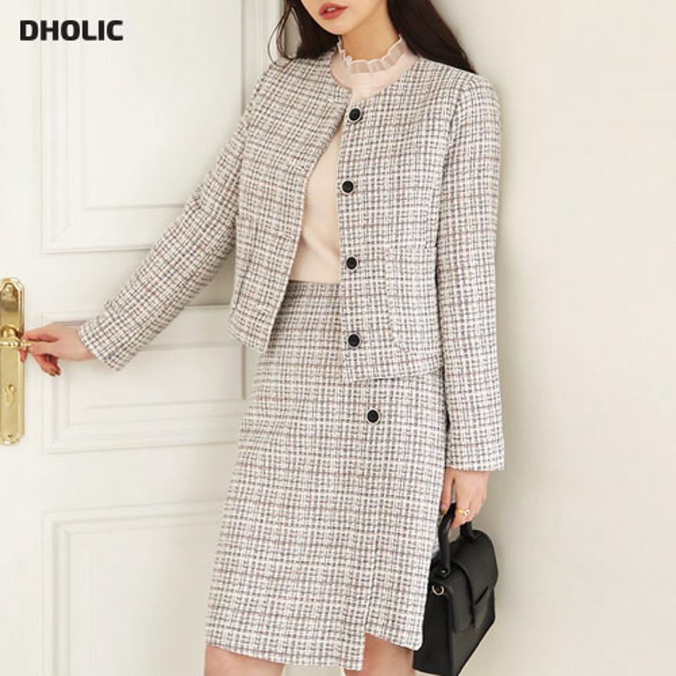 【送料無料】ツイードジャケット&ミディスカートSET・全2色・b66527 レディース 【sk】【セットアップ setup ジャケット スカート ミディ丈 ミディスカート ツイード ノーカラー 高級感 上品 大人 秋 冬 韓国 ファッション】【ハイホリHIHOLLI】