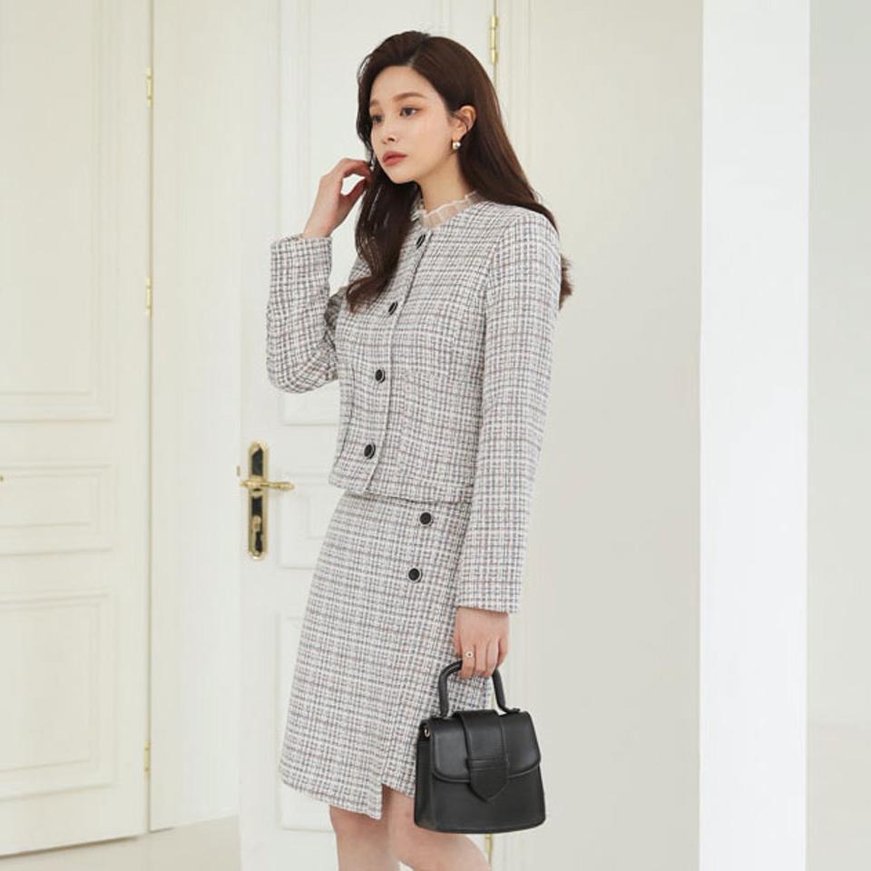 【送料無料】ツイードジャケット&ミディスカートSET・全2色・b66527 レディース 【sk】【セットアップ setup ジャケット スカート ミディ丈 ミディスカート ツイード ノーカラー 高級感 上品 大人 秋 冬 韓国 ファッション】【ハイホリHIHOLLI】