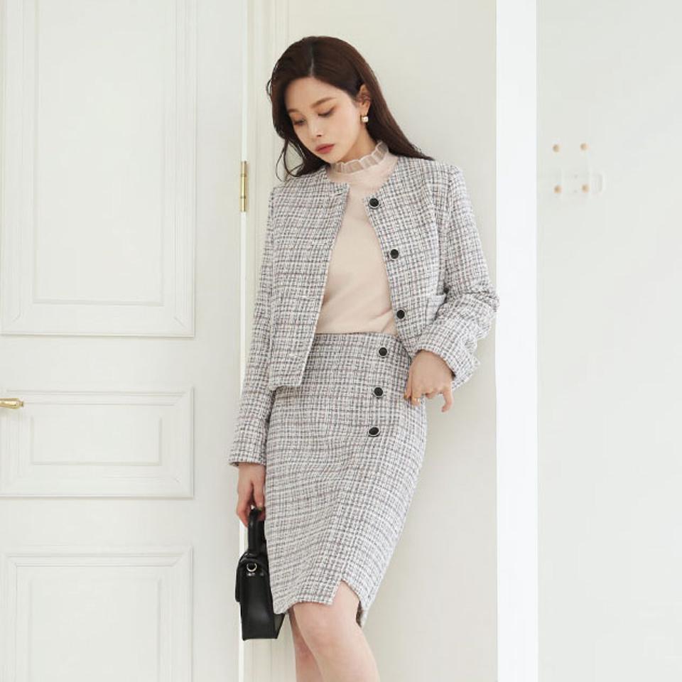 【送料無料】ツイードジャケット&ミディスカートSET・全2色・b66527 レディース 【sk】【セットアップ setup ジャケット スカート ミディ丈 ミディスカート ツイード ノーカラー 高級感 上品 大人 秋 冬 韓国 ファッション】【ハイホリHIHOLLI】