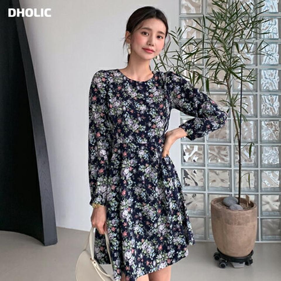 フローラルミニワンピース・全2色・t61484 レディース 【ops】【韓国 ファッション ワンピース ミニ ミニワンピス 長袖 Aライン ラウンドネック フラワー 花柄 ミニ丈 フレア バックファスナー ベーシック シンプル カジュアル 体型カバー 細身 秋 冬】【fw】