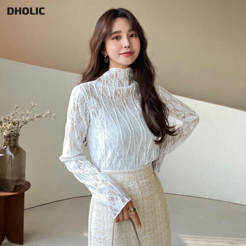 レースハーフネックブラウス・全3色・b61472 レディース 【bl】【韓国 ファッション トップス ブラウス 長袖 レース ハーフネック ウェーブ 上品 ベーシック フェミニン カジュアル 無地 デイリー カジュアル 秋 冬】